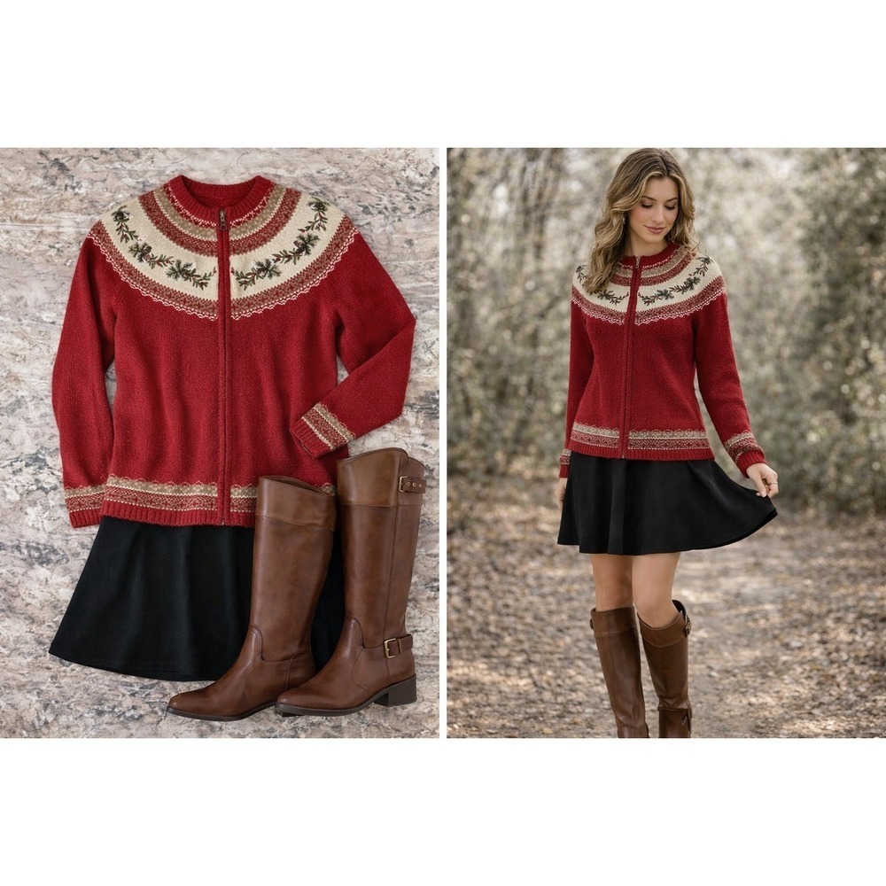 Croft & Barrow Red Fair Isle Knit Zip Up Sweater Women Size S Pinecone Detail